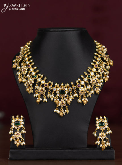Antique guttapusalu necklace floral design with kemp & cz stones and pearl hangings