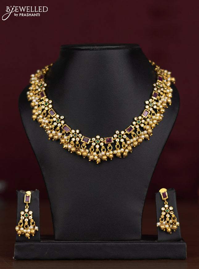 Antique guttapusalu necklace floral design with kemp & cz stones and pearl hangings