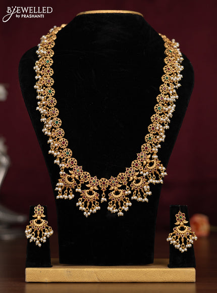 Antique guttapusalu necklace peacock & floral design with kemp stones and pearl hangings