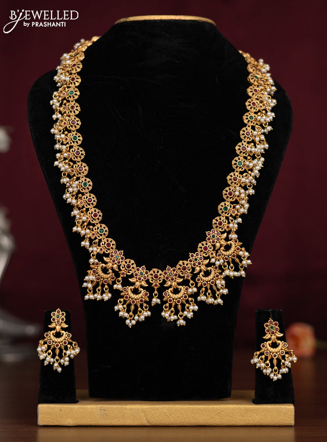 Antique guttapusalu necklace peacock & floral design with kemp stones and pearl hangings