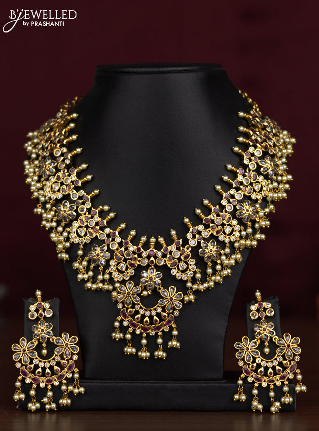 Antique guttapusalu necklace floral design with pink kemp & cz stones and pearl hangings
