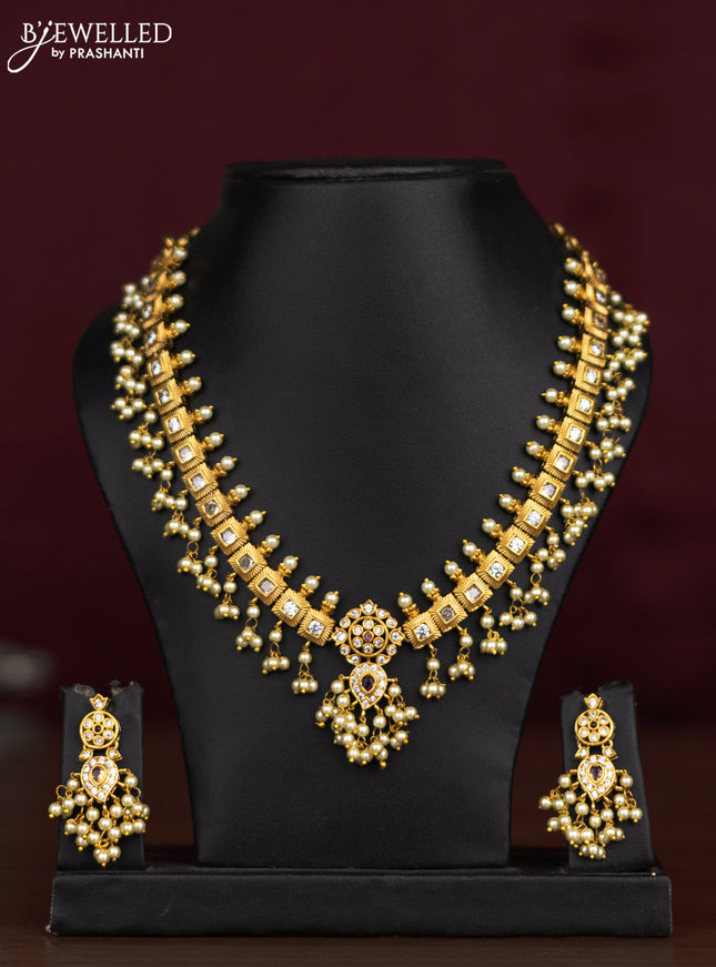 Antique guttapusalu necklace with pink kemp & cz stones and pearl hangings