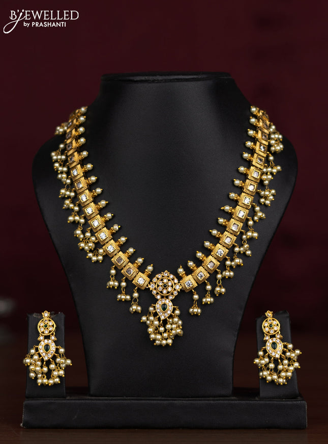 Antique guttapusalu necklace with emerald & cz stones and pearl hangings
