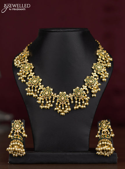 Antique guttapusalu necklace floral design with emerald & cz stones and pearl hangings
