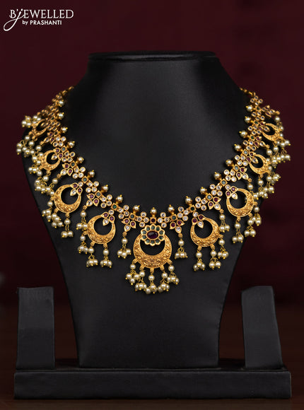 Antique guttapusalu necklace chandbali design with kemp & cz stones and pearl hangings without earring