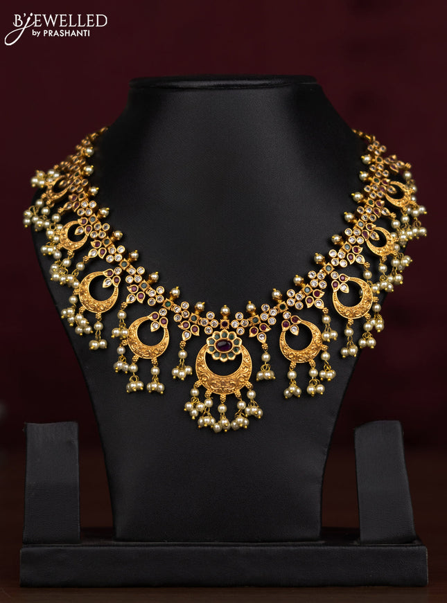 Antique guttapusalu necklace chandbali design with kemp & cz stones and pearl hangings without earring