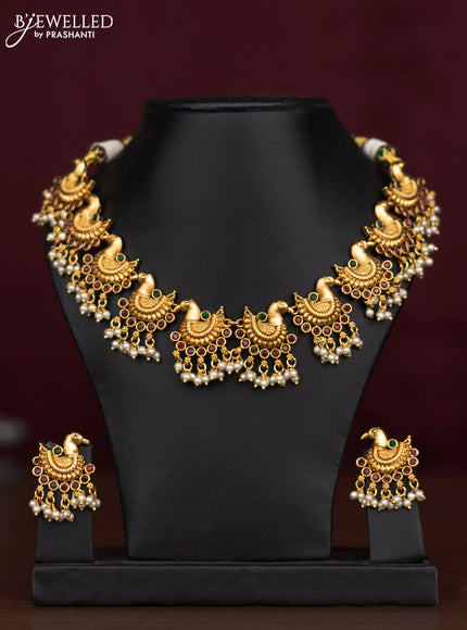 Antique guttapusalu necklace peacock design with kemp stones and pearl hangings
