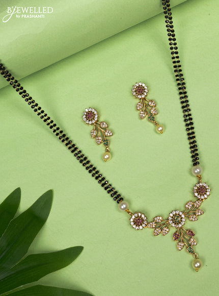 Mangalsutra double layer floral pendant with kemp & cz stones and pearl hangings
