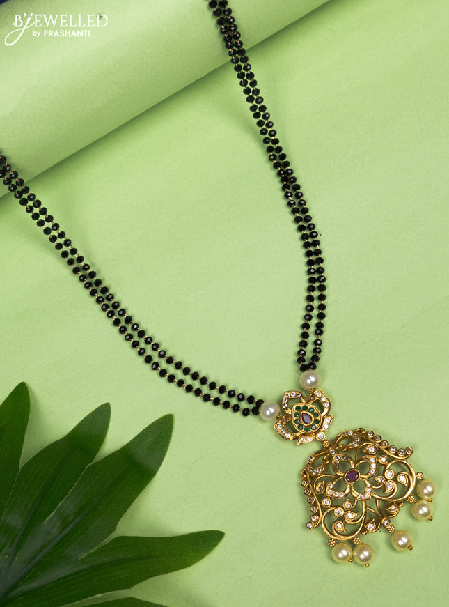 Mangalsutra double layer floral pendant with kemp & cz stones and pearl hangings without earring