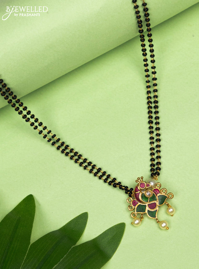 Mangalsutra double layer peacock pendant with kemp & cz stones and pearl hangings without earring