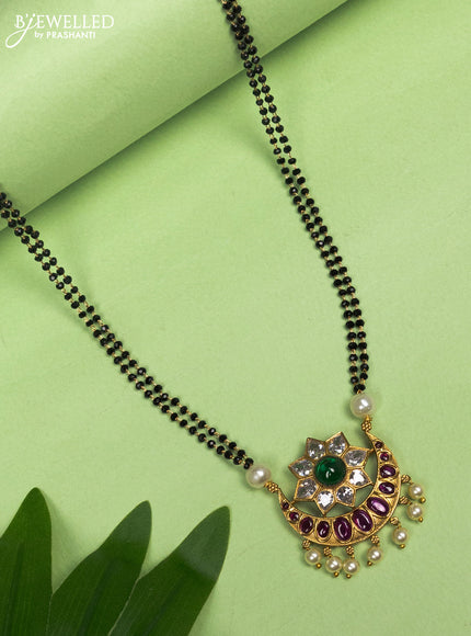 Mangalsutra double layer chandbali pendant with kemp & cz stones and pearl hangings without earring