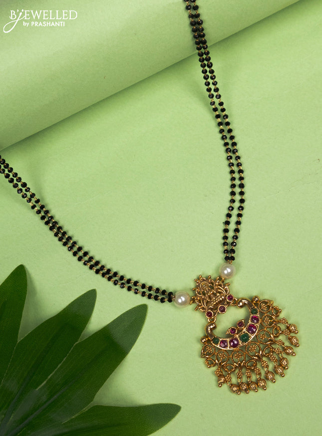Mangalsutra double layer lakshmi pendant with kemp stones and golden beads hangings without earring