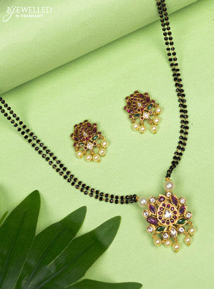 Mangalsutra double layer floral pendant with kemp & cz stones and pearl hangings