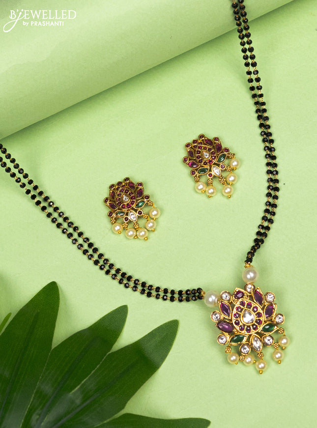 Mangalsutra double layer floral pendant with kemp & cz stones and pearl hangings