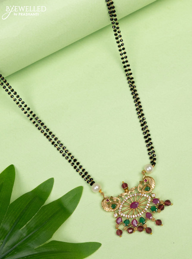 Mangalsutra double layer peacock design with kemp & cz stones and crystal beads hangings without earring