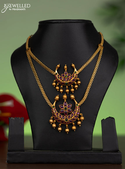 Antique attigai double layer necklace chandbali design with kemp stone and golden beads hanging without earring