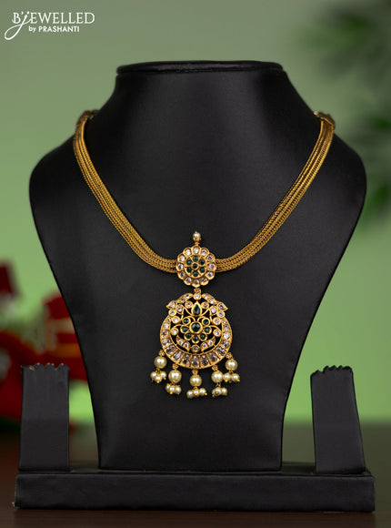 Antique attigai necklace chandbali design with emerald & cz stone and pearl hanging without earring