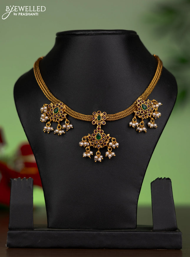 Antique attigai necklace with kemp stones and pearl hanging without earring