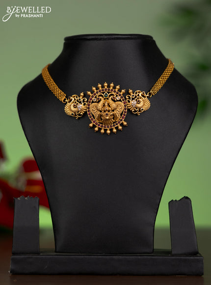Antique attigai necklace with lakshmi & peacock design with kemp & cz stones without earring