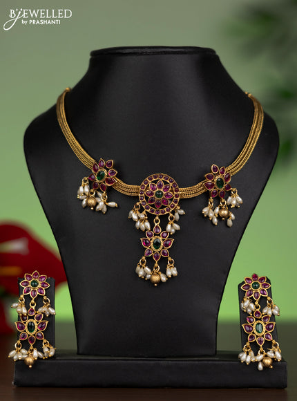 Antique attigai necklace floral design with kemp stones and pearl hangings