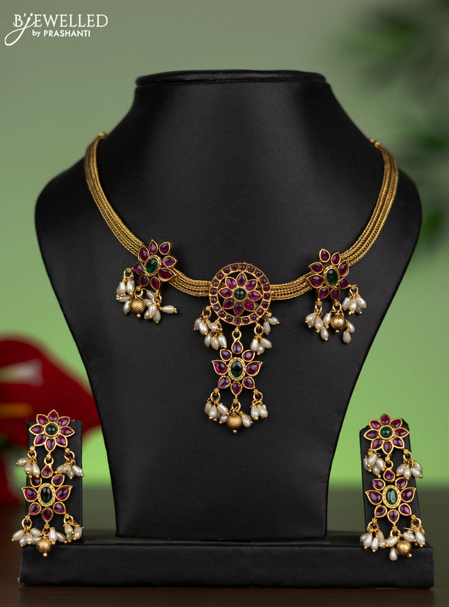 Antique attigai necklace floral design with kemp stones and pearl hangings