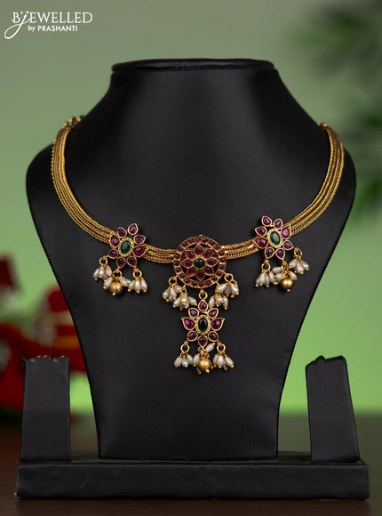 Antique attigai necklace floral design with kemp stones and pearl hangings without earring