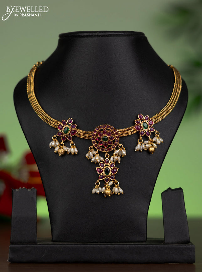 Antique attigai necklace floral design with kemp stones and pearl hangings without earring