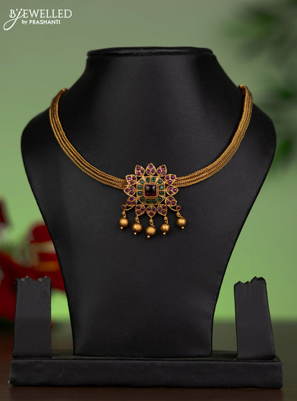 Antique attigai necklace floral design with kemp stones and golden beads hangings without earring