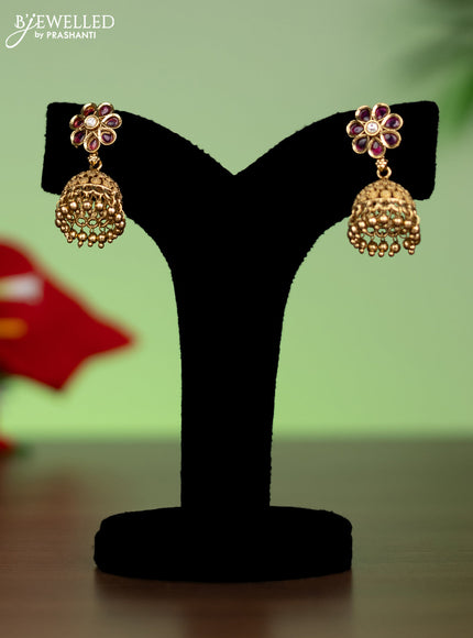 Antique attigai necklace lakshmi design with kemp & cz stones and golden beads hangings