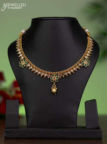 Antique attigai necklace floral design with emerald & cz stones and pearl hanging without earring