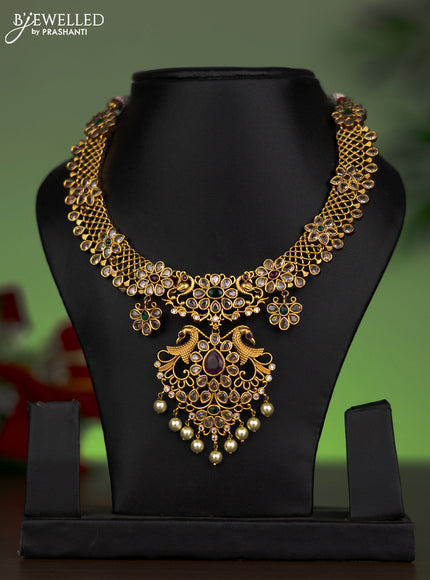 Antique attigai necklace peacock design with kemp & cz stones and pearl hanging without earring