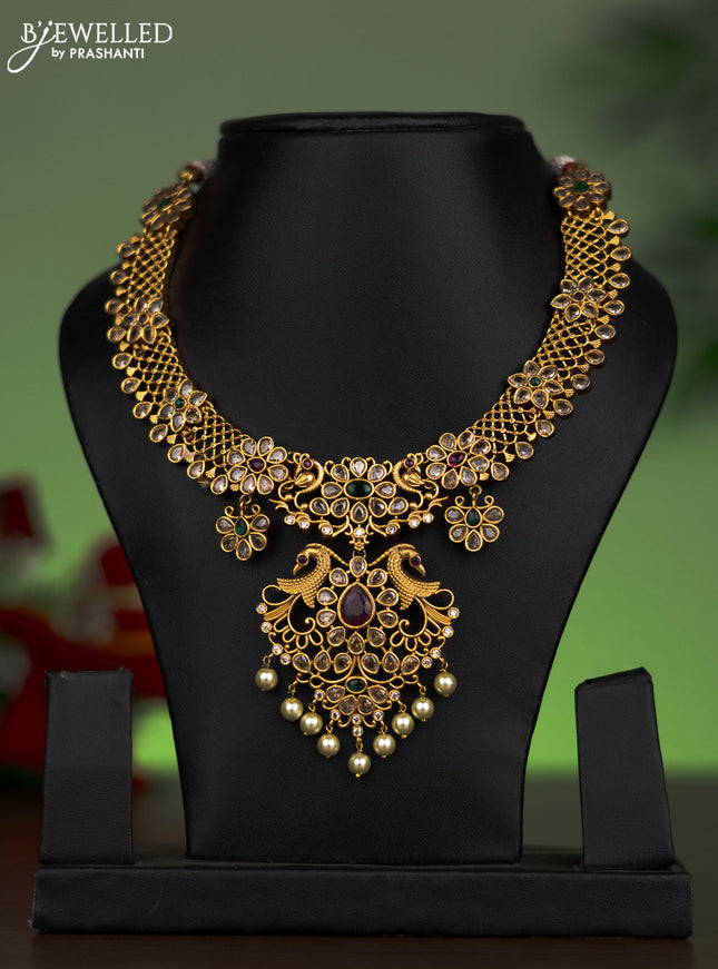 Antique attigai necklace peacock design with kemp & cz stones and pearl hanging without earring
