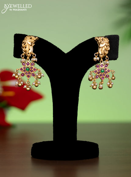 Antique attigai necklace peacock design with kemp stones and pearl hanging