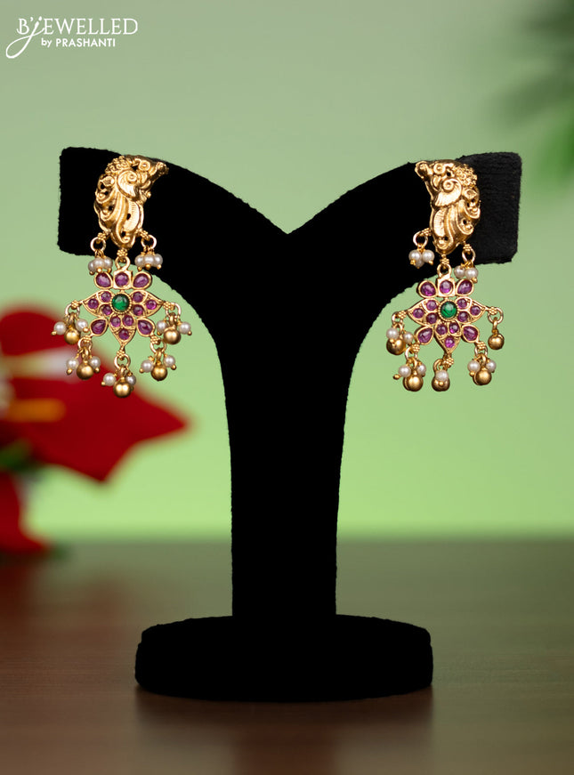 Antique attigai necklace peacock design with kemp stones and pearl hanging