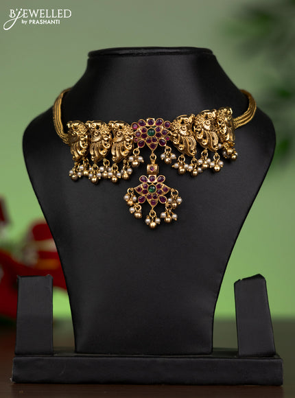 Antique attigai necklace peacock design with kemp stones and pearl hanging without earring