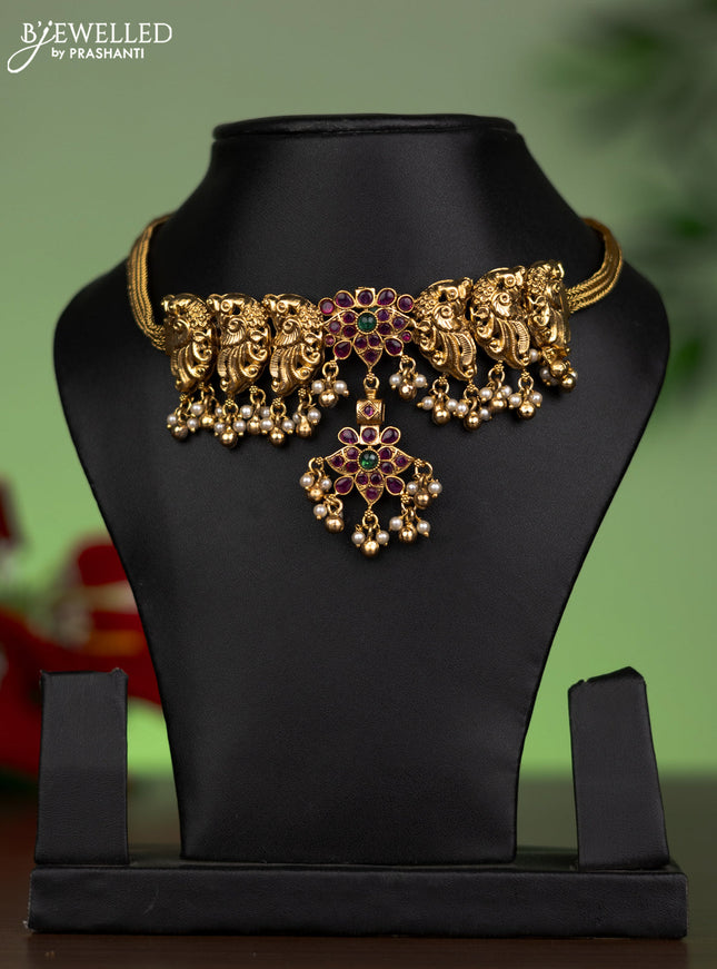 Antique attigai necklace peacock design with kemp stones and pearl hanging without earring