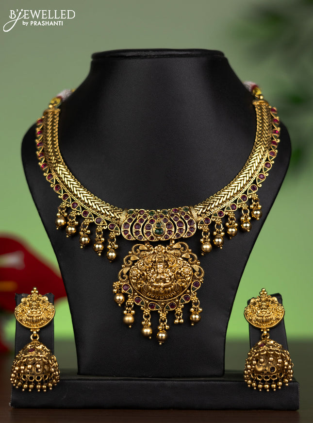 Antique attigai necklace lakshmi design with kemp stones and golden beads hanging
