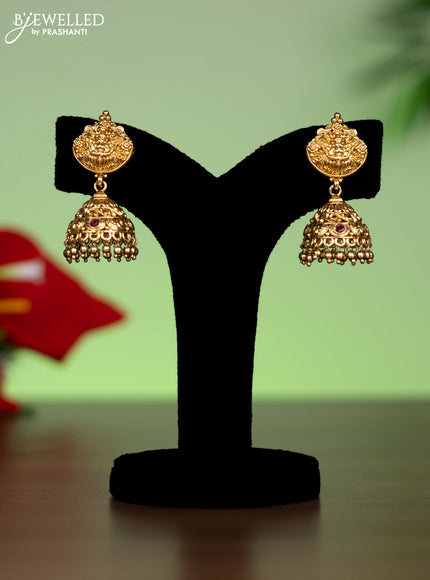 Antique attigai necklace lakshmi design with kemp stones and golden beads hanging