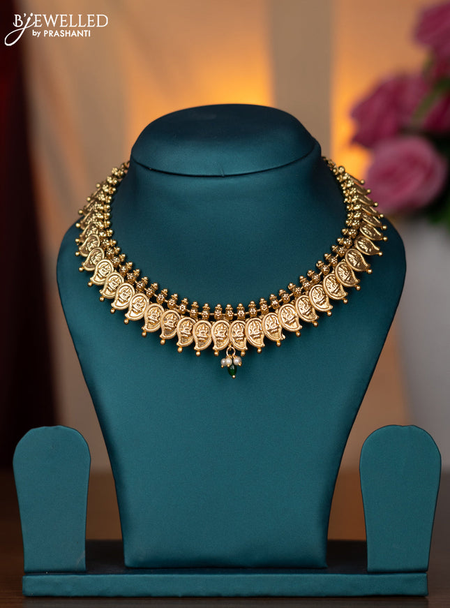 Antique Necklace with lakshmi and manga design and pearl & green beads hanging without earring