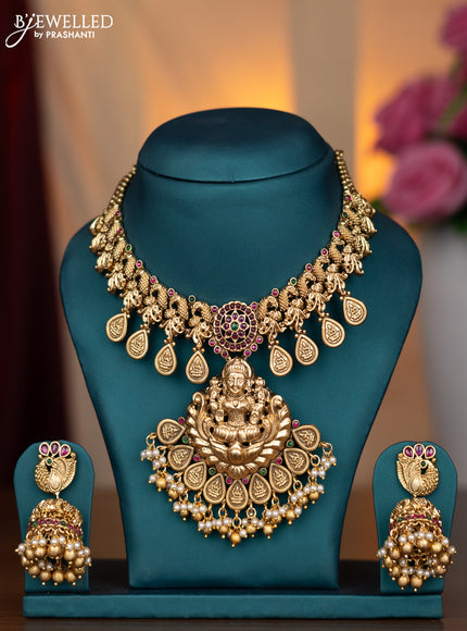 Antique Necklace lakshmi & peacock design with kemp stones and pearl & golden beads hanging