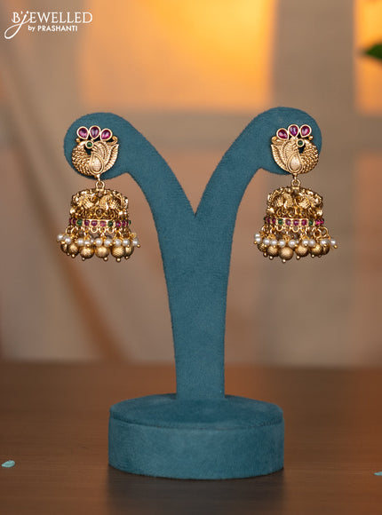 Antique Necklace lakshmi & peacock design with kemp stones and pearl & golden beads hanging