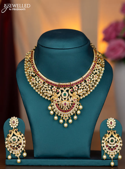 Antique Necklace peacock design with kemp & cz stones and pearl hangings