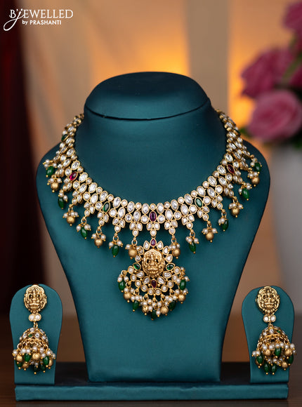 Antique Necklace lakshmi design with kemp & kundan stones and pearl & golden beads hanging