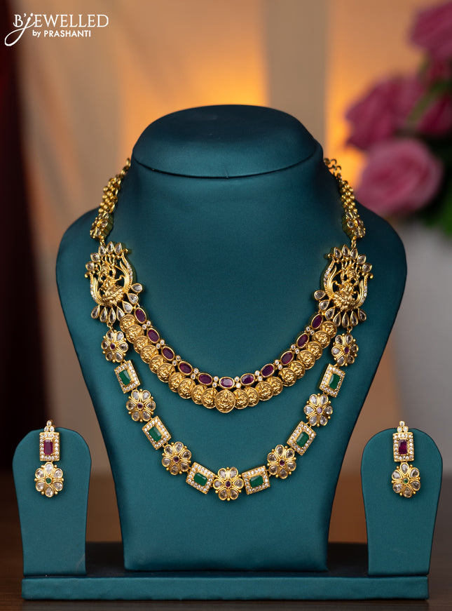 Antique Necklace ramdarbar design with kemp & cz stones and golden beads hanging without earring