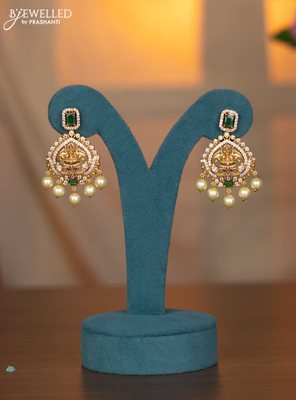 Antique triple layer Necklace with green kemp & cz stones and pearl hangings