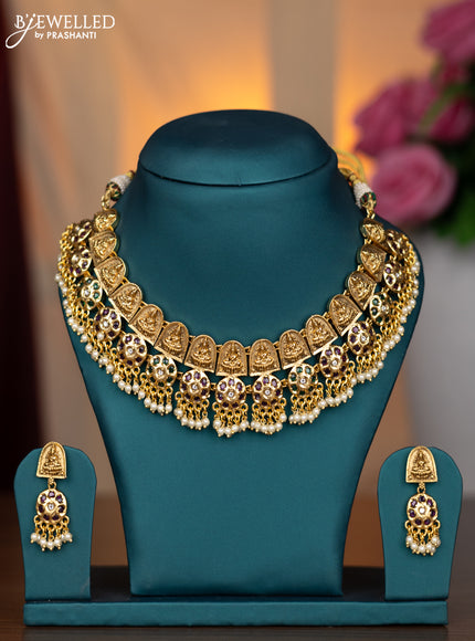 Antique necklace lakshmi design with kemp & kundan stones and pearl hangings