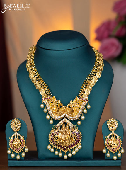 Antique necklace radha krishna pendant with kemp & cz stones and pearl hangings