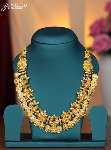 Antique necklace lakshmi kasu design with multicolour & cz stones without earring