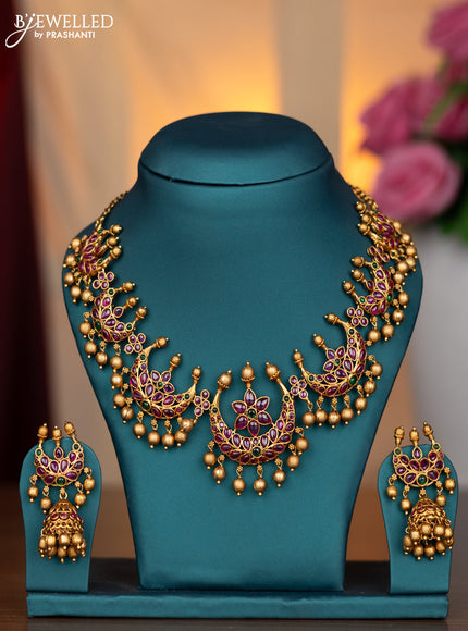 Antique necklace chandbali design with kemp and golden beads hangings