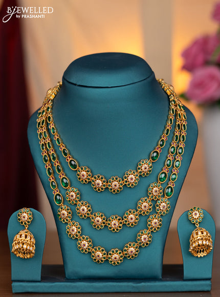 Antique necklace triple layer floral design with kemp and cz stones